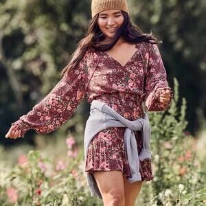 NEW Aerie Pink Floral Long Sleeve V-neck Ruffle Boho Casual Mini Dress S